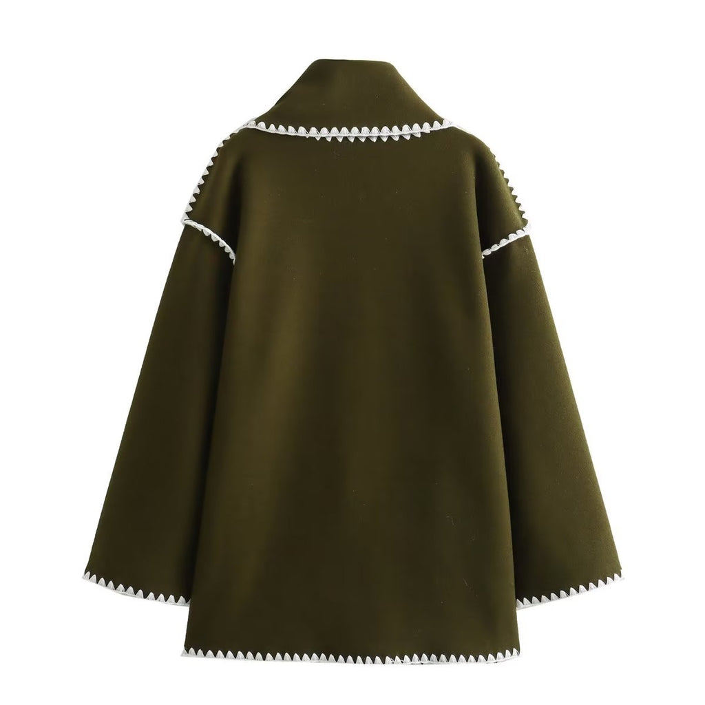 Women's Solid Color Scarf Collar Patchwork Loose Woolen Coat teemdrop