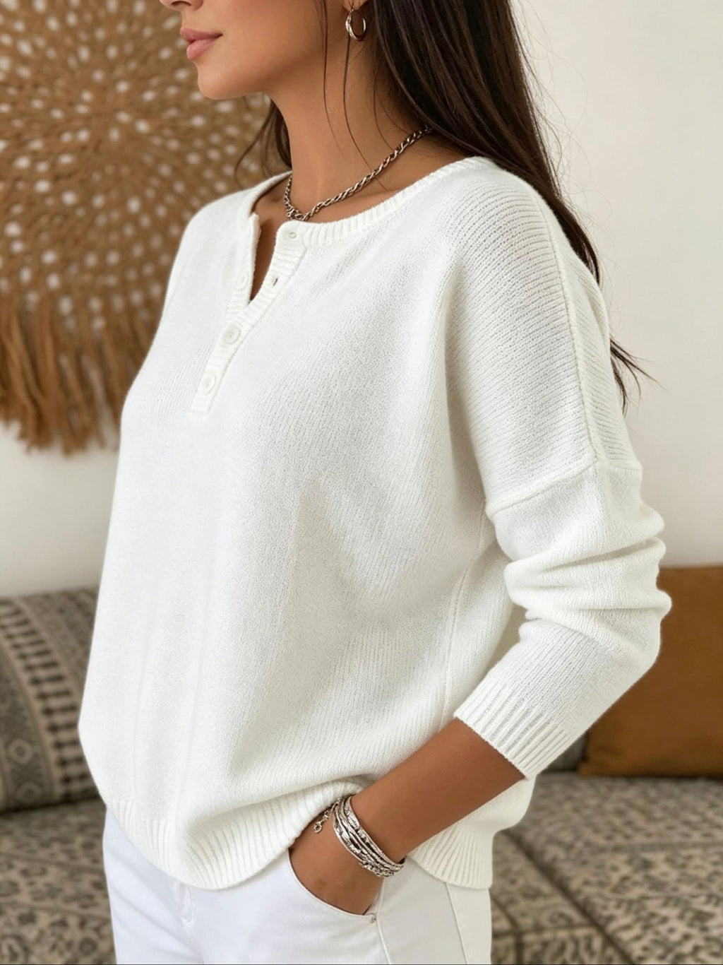 Women's Long Sleeve V-Neck Knit Sweater teemdrop