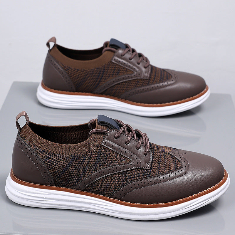 Men British Style Fly-Knit Leather Breathable Casual Shoes teemdrop