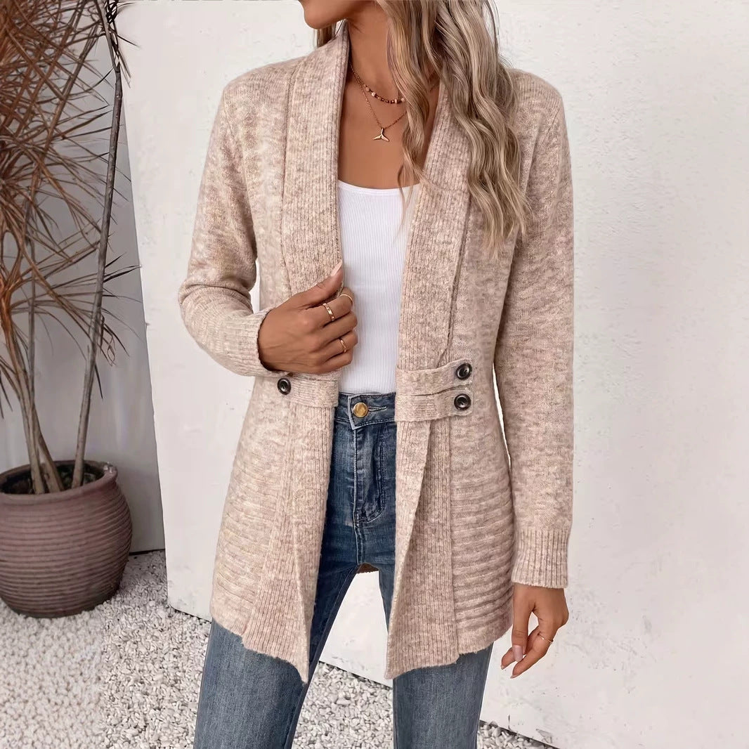 Women's Mid-Length Double-Breasted Knitted Cardigan Sweater teemdrop