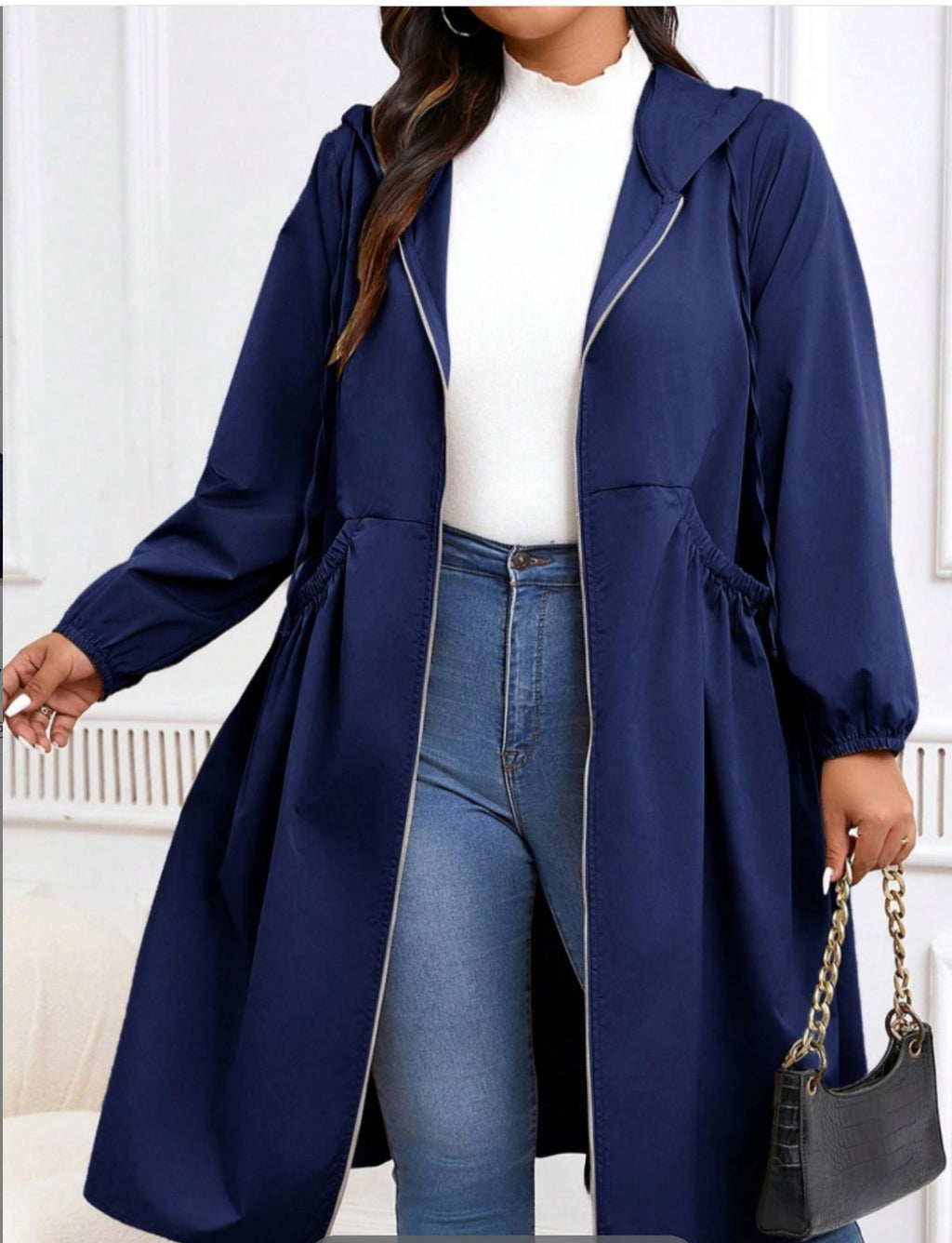 Plus Size Solid Color Pleated Long Sleeve Mid-Length Jacket