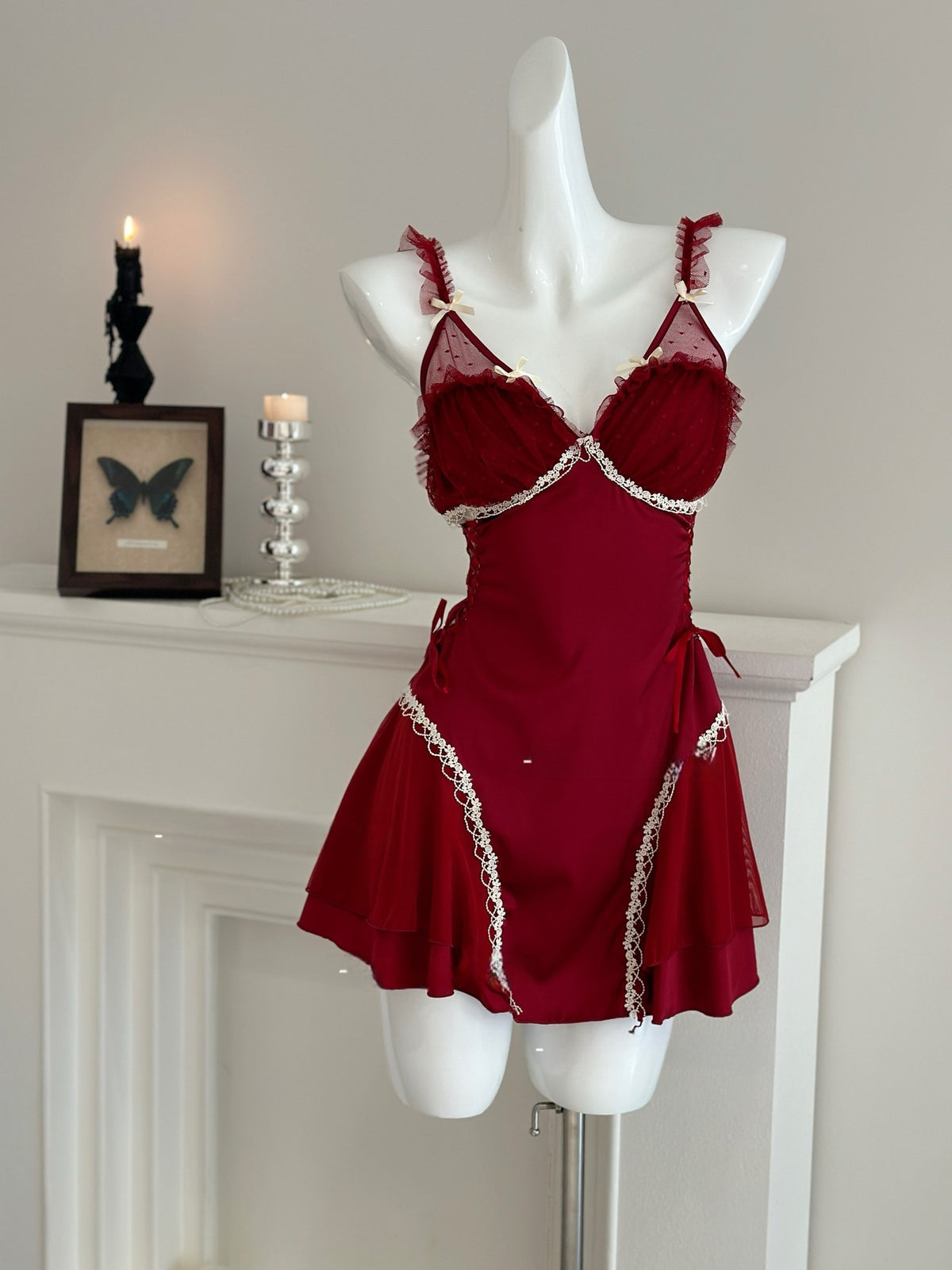 Women's Sexy Backless Mesh Lace Nightgown and Robe Set with Chest Pads teemdrop