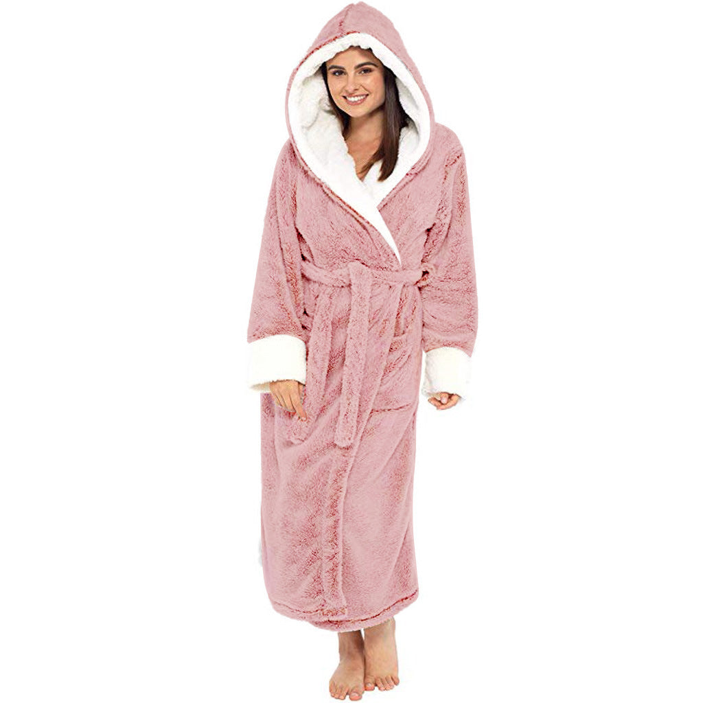 Women Long Plush Bathrobe with Belt Home Loungewear Winter Warm Nightgown