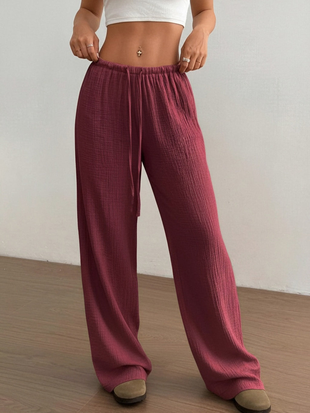 Women's Textured High Waist Drawstring Drapey Wide Leg Pants teemdrop