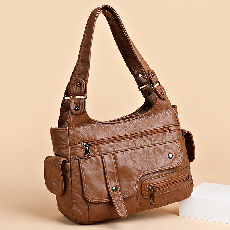 Women's Washed PU Leather Shoulder Bag Casual Lightweight Handbag teemdrop