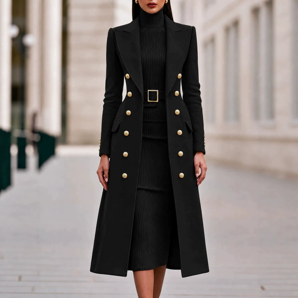 Women's Double-Breasted Woolen Coat and Knitted Dress Two-Piece Set teemdrop