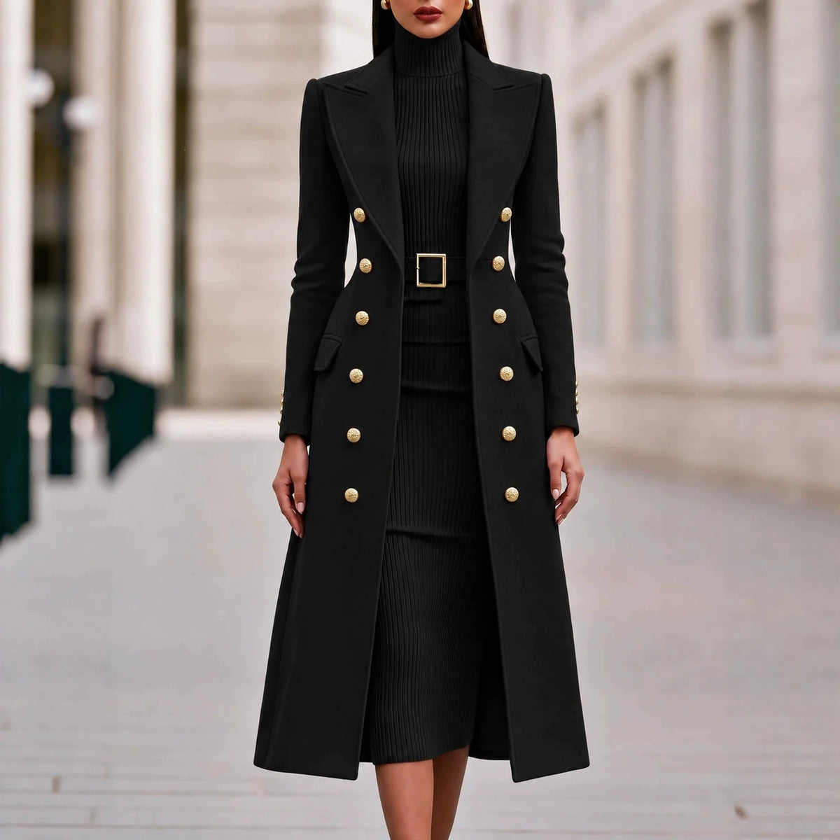 Women's Double-Breasted Woolen Coat and Knitted Dress Two-Piece Set teemdrop