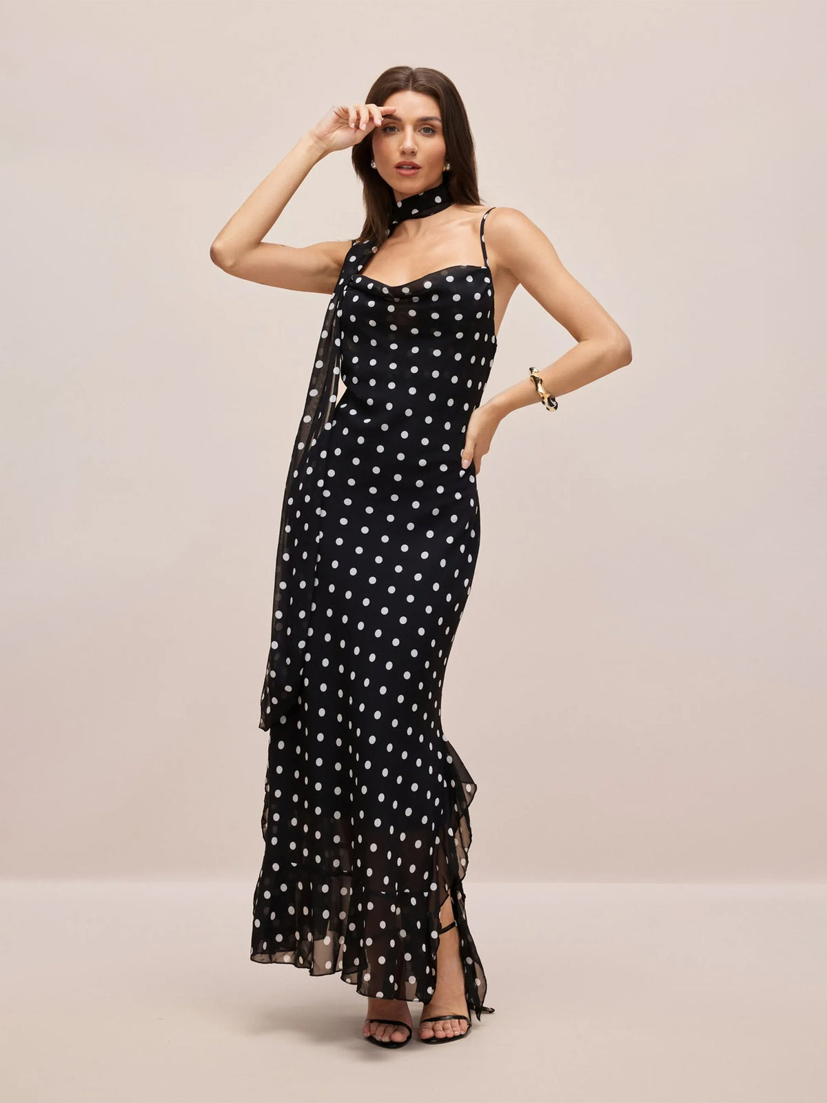 Women's Retro Polka Dot Ribbon Strap Slim Fit Long Dress teemdrop