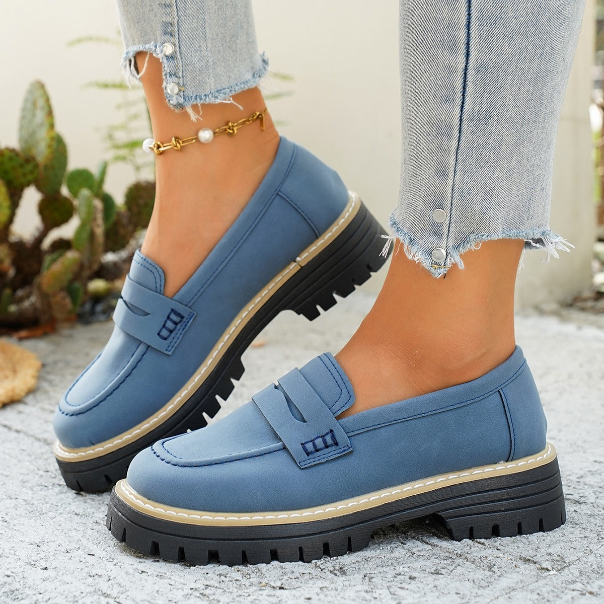 Womens Classic PU Loafers Round Toe Thick Heel Slip On Shoes teemdrop