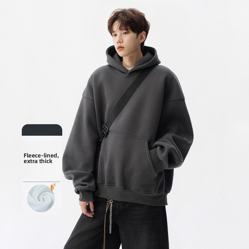 Men Heavyweight 400g Pure Cotton Double Layer Hooded Sweatshirt Loose Fit Solid Color teemdrop