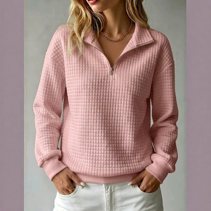 Women's Solid Color Waffle Knit Stand Collar Zipper Long Sleeve Loose Sweatshirt teemdrop