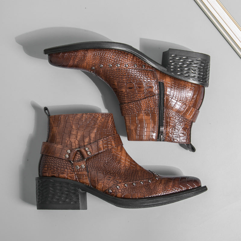 Men's Pointed Toe Leather Boots with Side Zipper and Wedge Heel teemdrop
