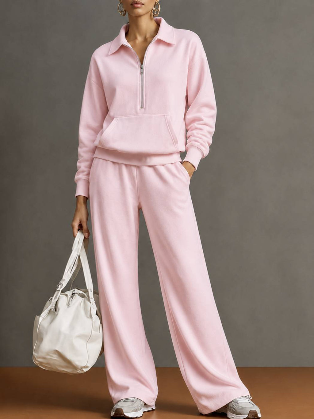 Women Two-Piece Half-Zip Sweatshirt and Wide-Leg Pants Set teemdrop