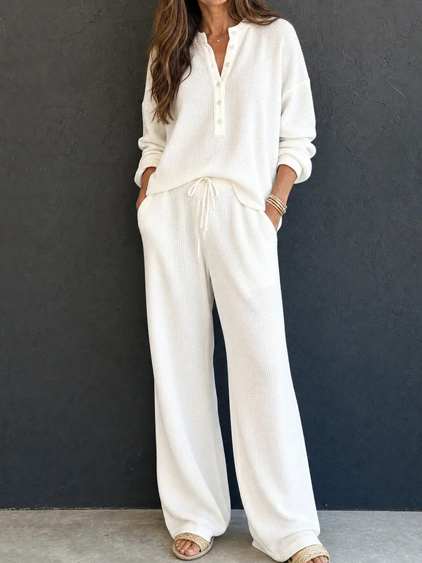 Women's Solid Color Knit Rib Top Straight Pants Set teemdrop