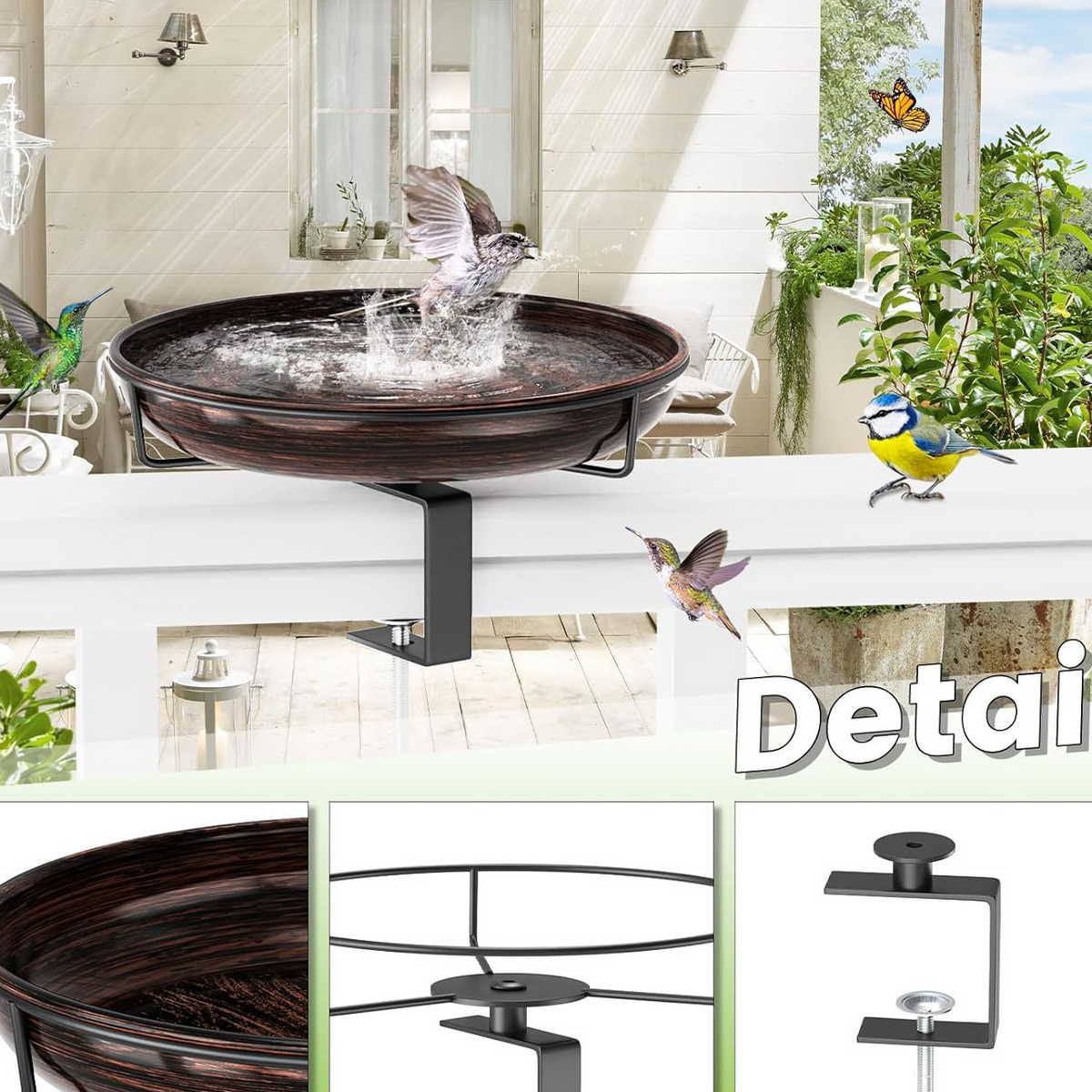 Adjustable Metal Bird Feeder Bracket with Removable Bath Bowl for Balcony Garden
