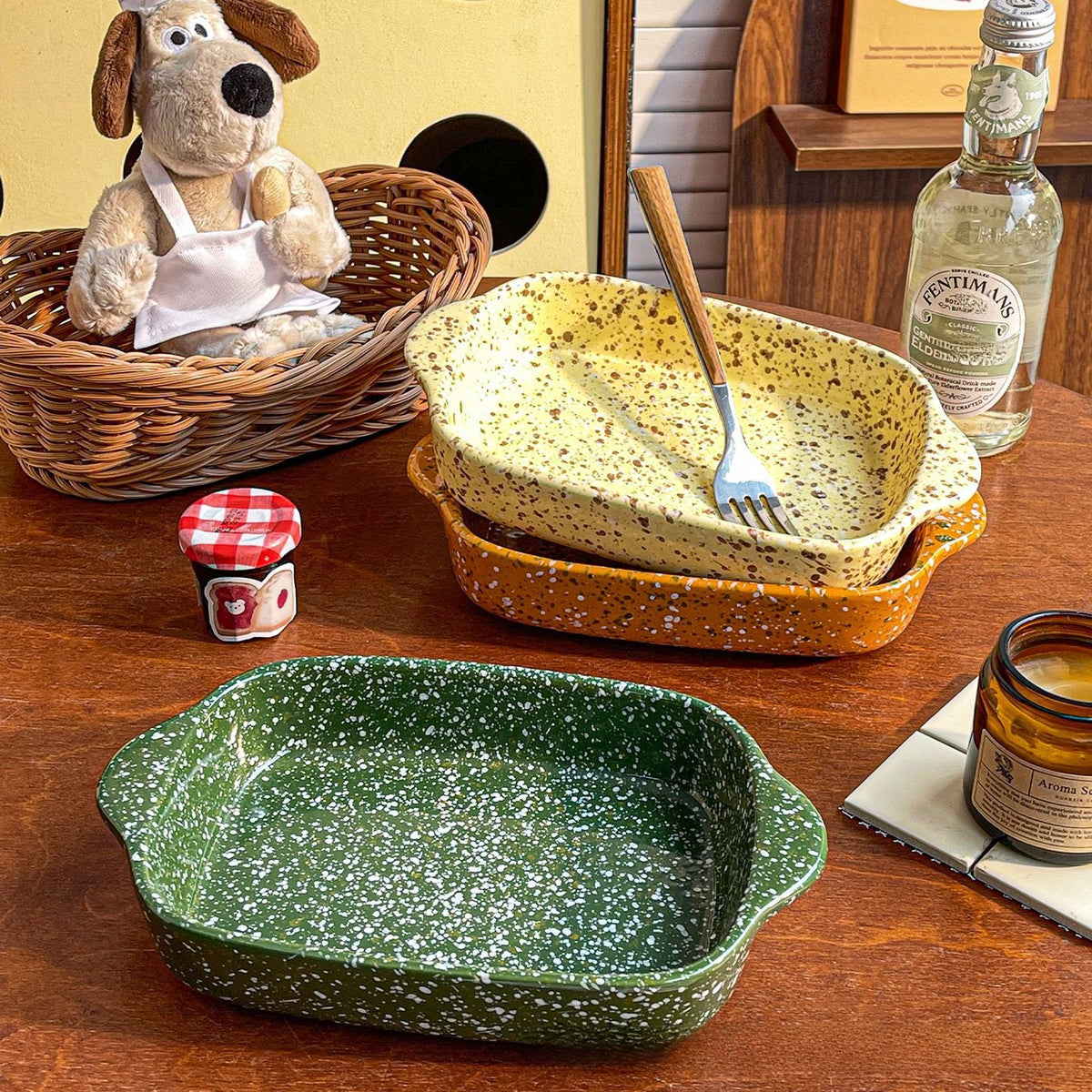 Color splash ink ceramic binaural square baking tray Microwave Baking