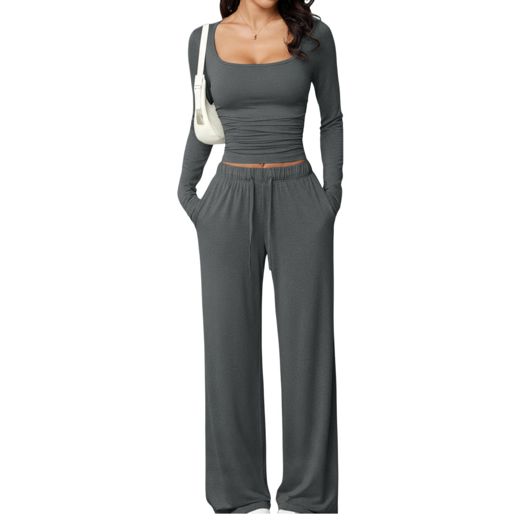 casual pants set with square-neck long-sleeve short top