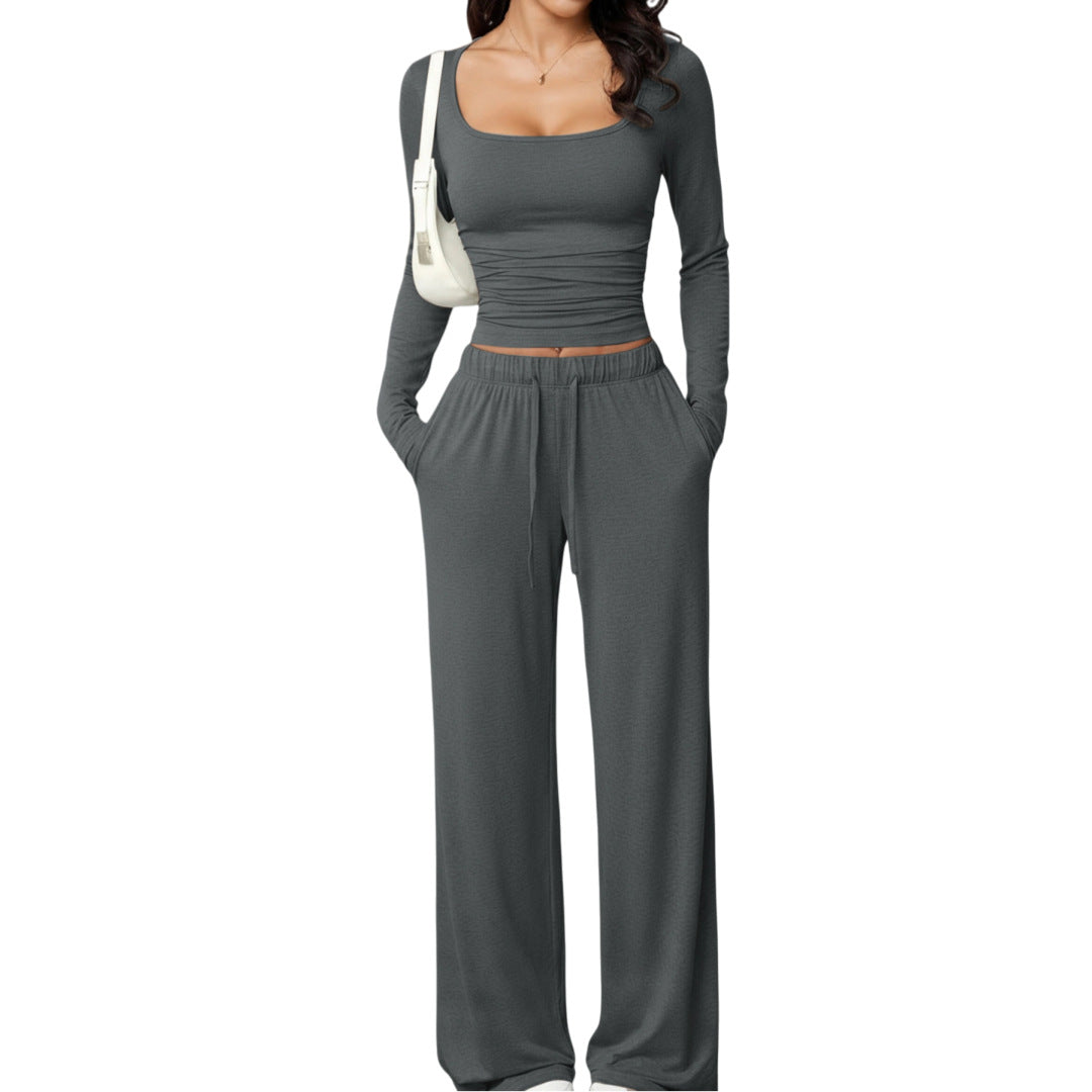 casual pants set with square-neck long-sleeve short top