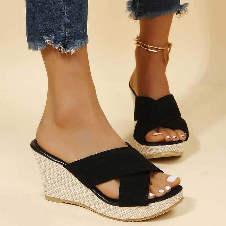 Platform rope thick-soled chunky heel slipper with flat sole