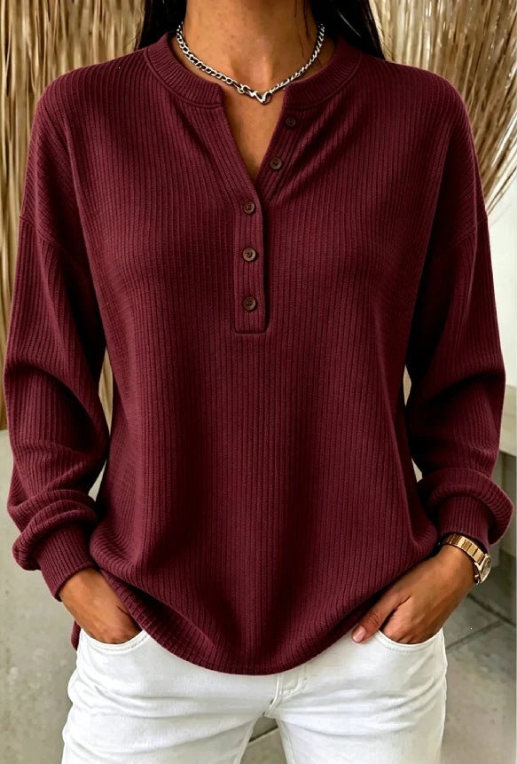 Women's Ribbed Knit Half-Button Henley Long Sleeve T-Shirt teemdrop