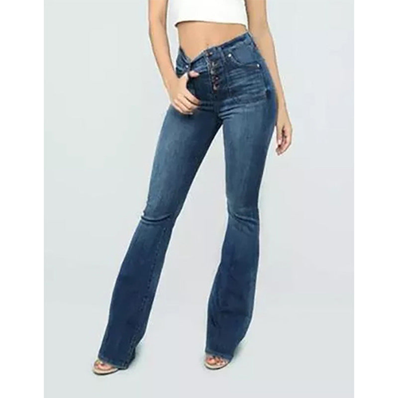 Washed button-down women's high-waisted denim pants