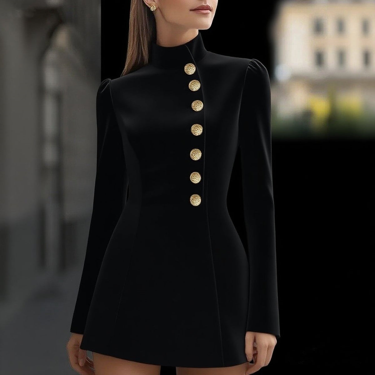 Elegant Slim-Fit Solid Color Stand Collar Single-Breasted Short-Sleeve Dress teemdrop