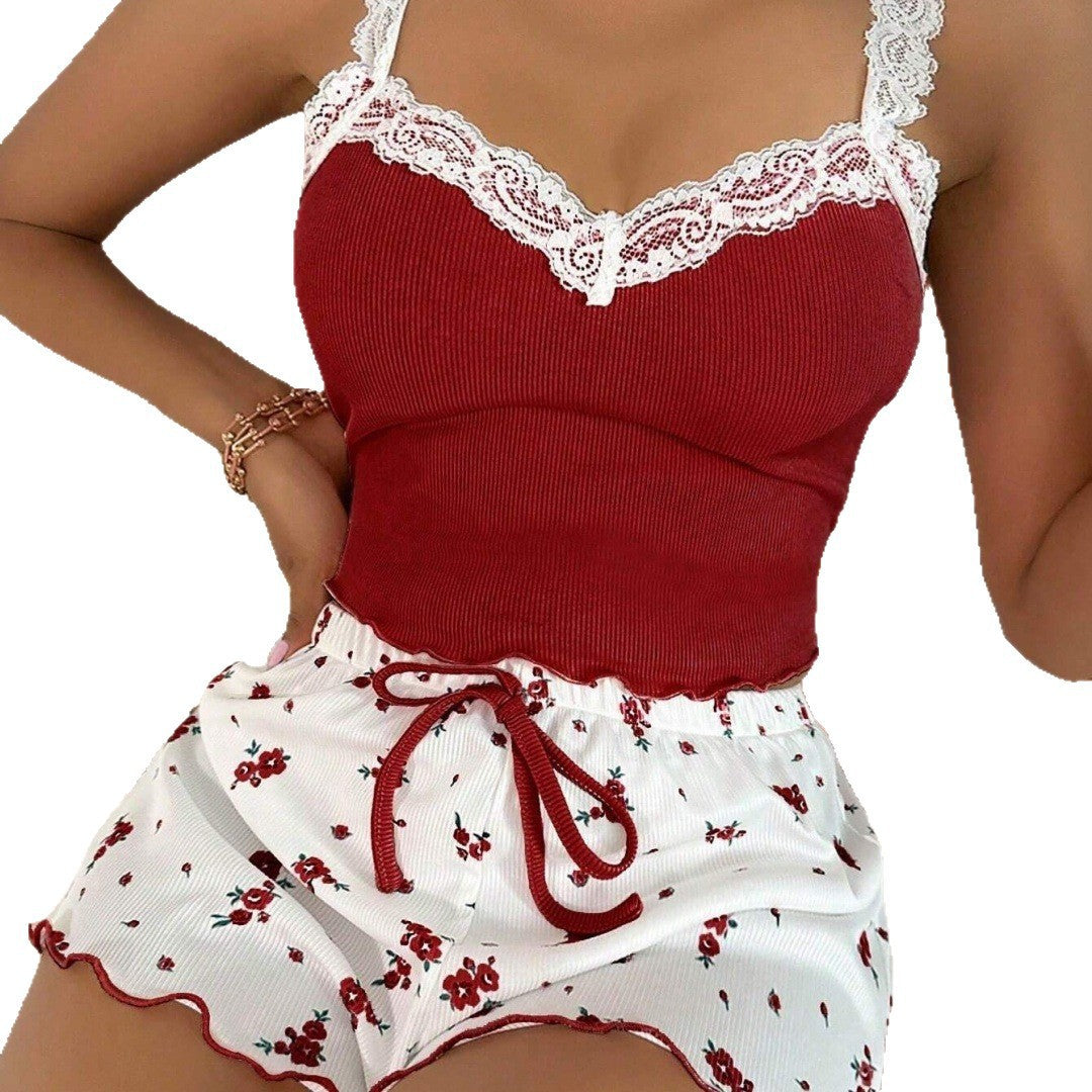 Women's Sexy Lace Camisole and Shorts Pajama Set teemdrop