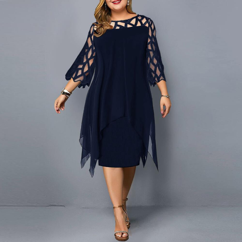 Women's Elegant Lace Patchwork Chiffon Dress with 3/4 Sleeves and Irregular Hem teemdrop