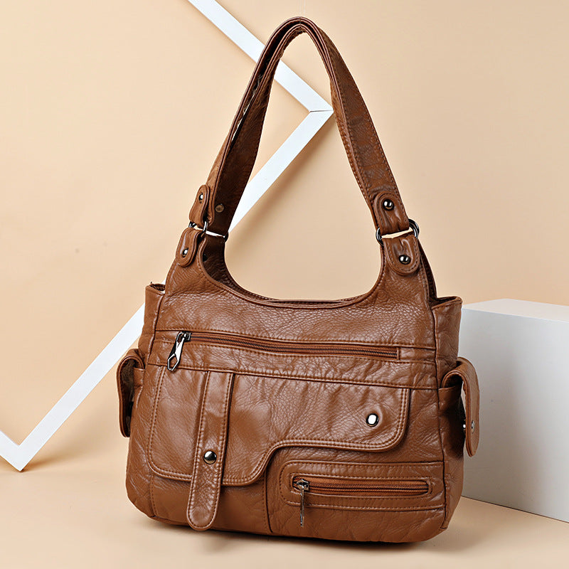 Women's Washed PU Leather Shoulder Bag Casual Lightweight Handbag teemdrop