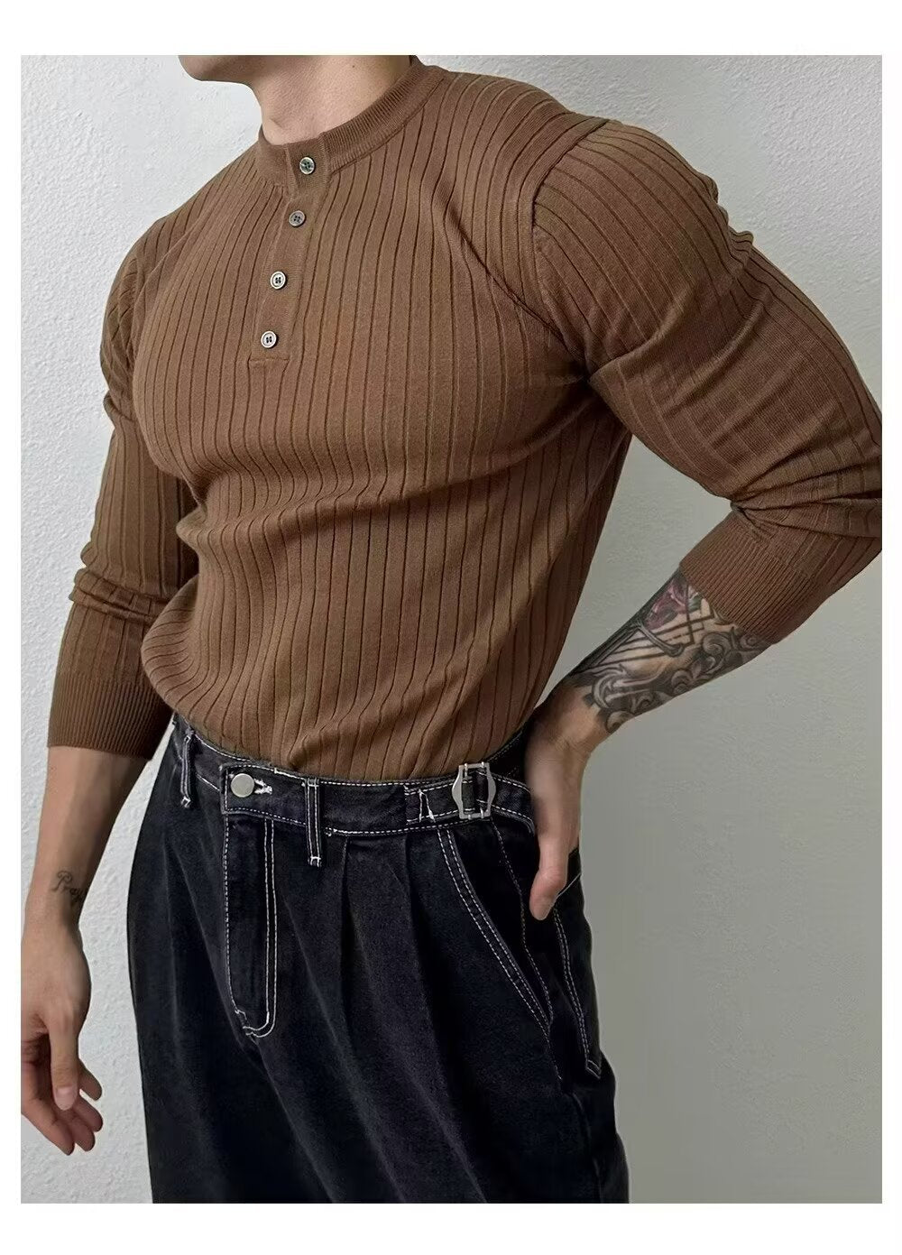 Men's Cotton Blend Henley Sweater Long Sleeve Slim Fit Pullover teemdrop