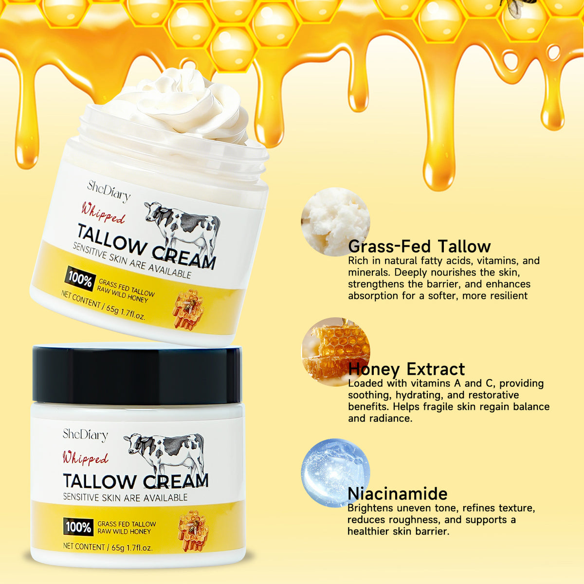 Beef Tallow Deeply Moisturizing and Repairing Face Cream 65g for All Skin Types teemdrop
