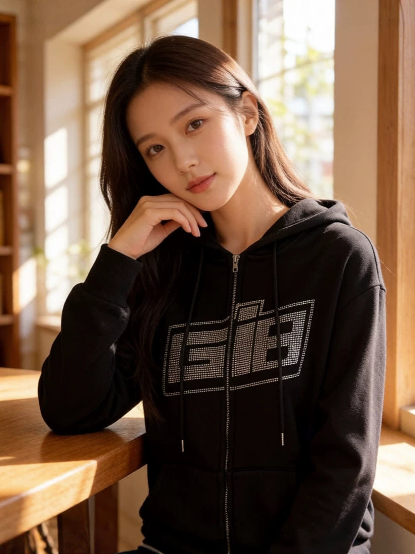 Zip Up Hoodie with Rhinestone Lettering