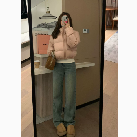 Womens Short Stand Collar Cotton Padded Jacket Wool Fur Fill teemdrop