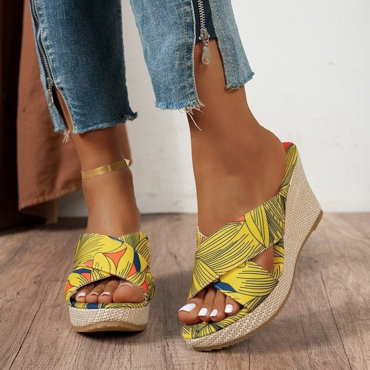 Platform rope thick-soled chunky heel slipper with flat sole