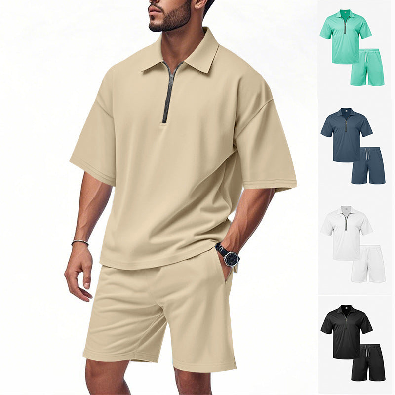 Men's two-piece short-sleeved zipper Polo shirt with shorts