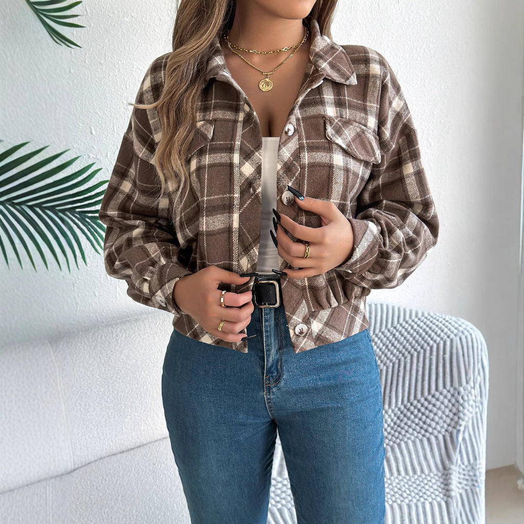 Women's Plaid Long Sleeve Lapel Woolen Jacket with Button Closure teemdrop