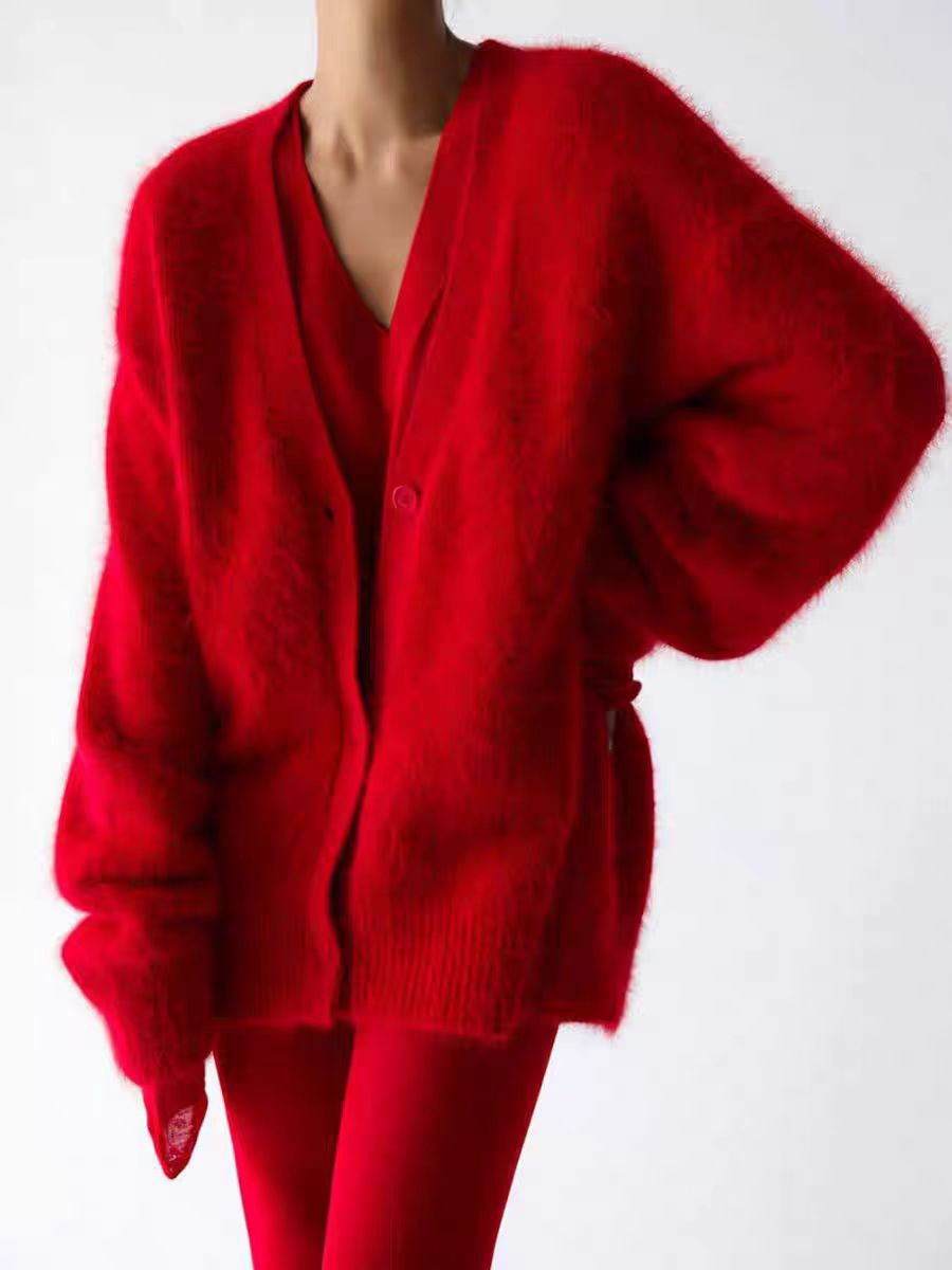 Women's Faux Fur Knitted Cardigan V-Neck Loose Long Sleeve Outerwear teemdrop