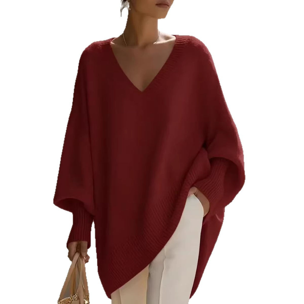 Solid-color long-sleeved V-neck relaxed style sweater for women, loose knitted top teemdrop