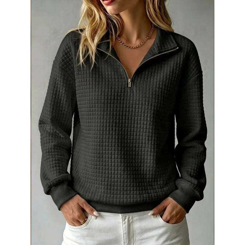 Women's Solid Color Waffle Knit Stand Collar Zipper Long Sleeve Loose Sweatshirt teemdrop
