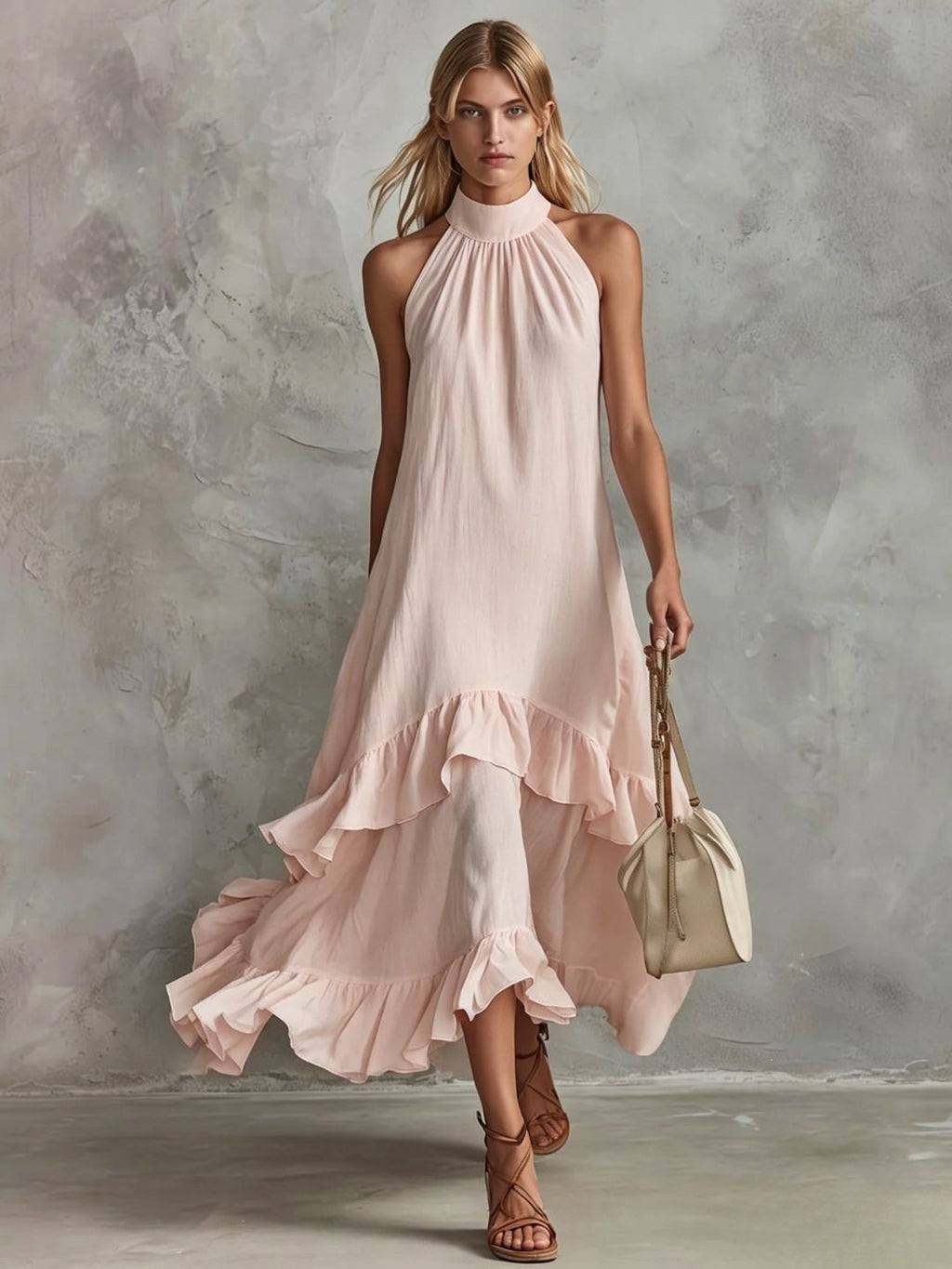 Women's Sleeveless Halter Ruffle Hem Mid-Length Summer Dress teemdrop