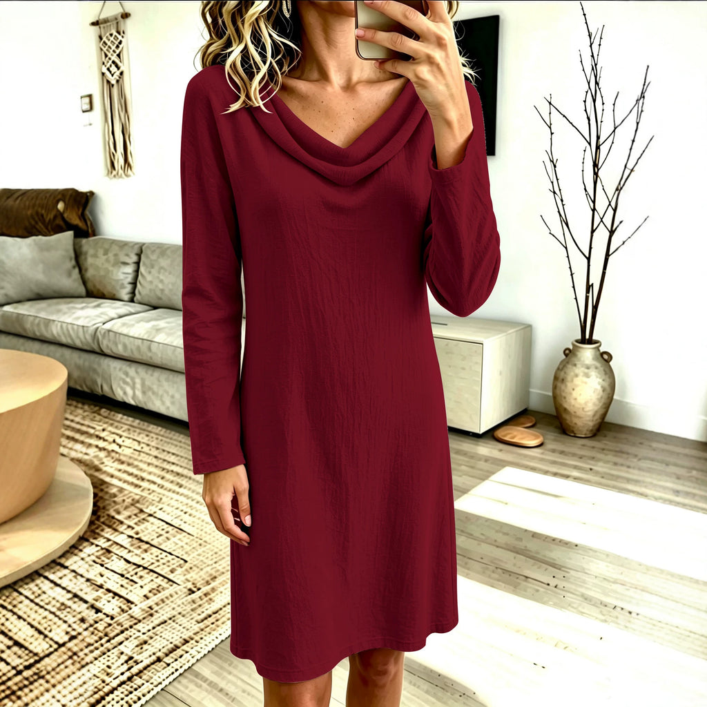 Women's Solid Color Woven Swing Collar Long-Sleeve Mid Dress teemdrop