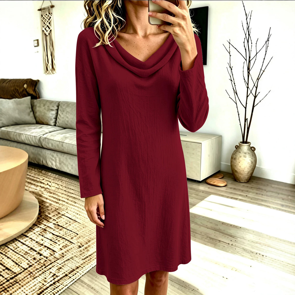 Women's Solid Color Woven Swing Collar Long-Sleeve Mid Dress teemdrop
