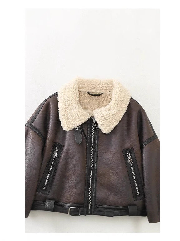 Faux Fur Leather Short Zip-Up Jacket teemdrop