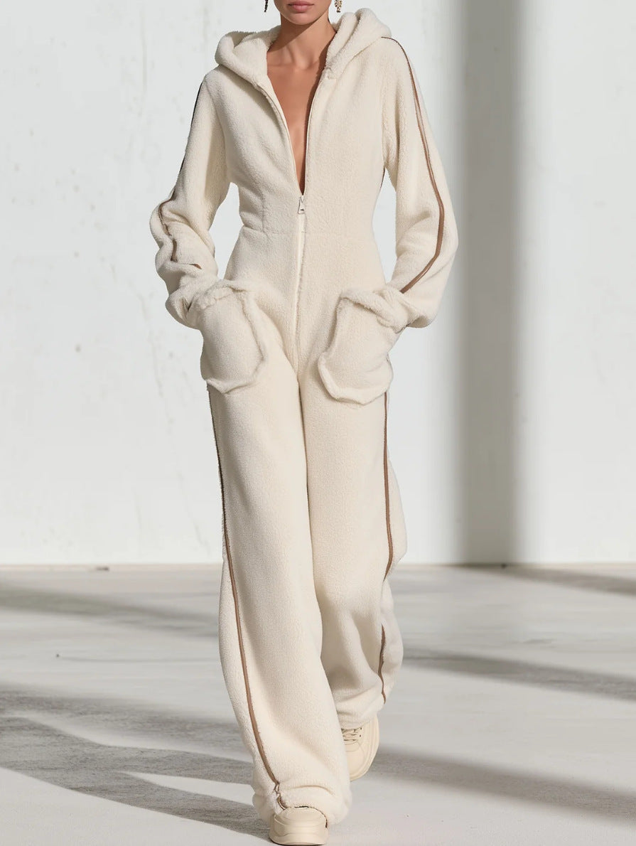 Hooded Zip-Up Faux Shearling Jumpsuit