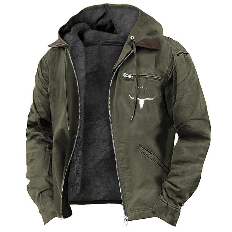 Men's Solid Fleece-Lined Hooded Jacket with Zipper Pocket