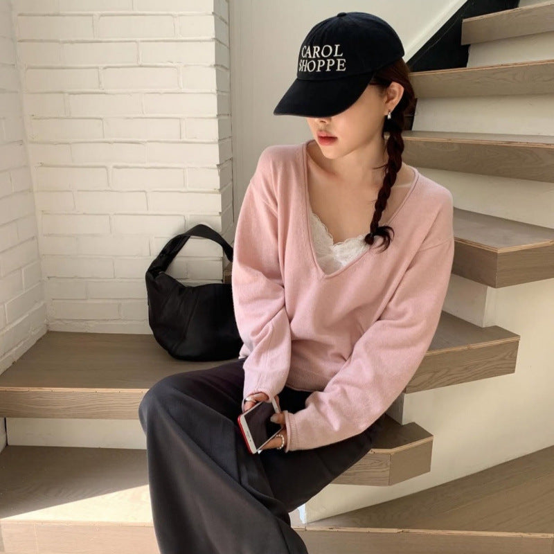 Women V-Neck Long Sleeve Solid Casual Knit Sweater teemdrop