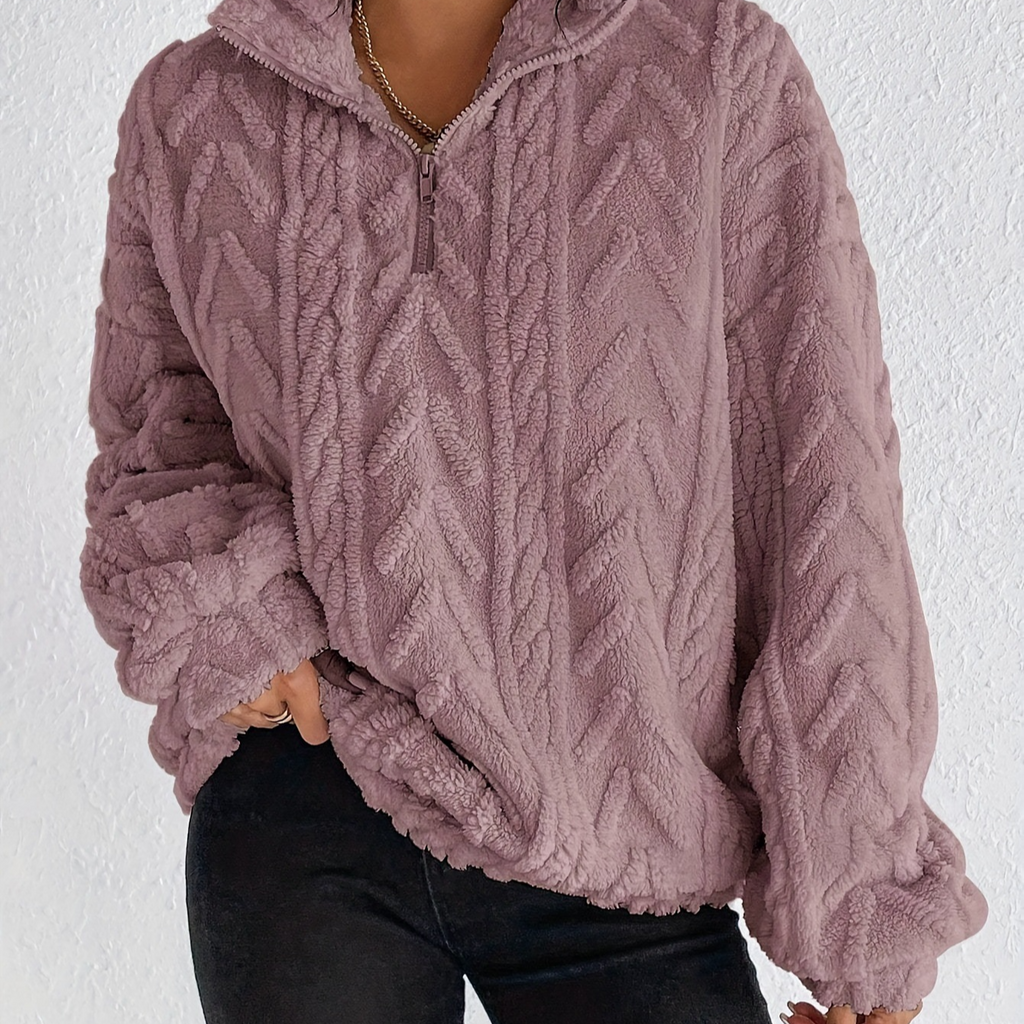 Women's Double-Sided Plush Flower Casual Zipper Pullover Top teemdrop