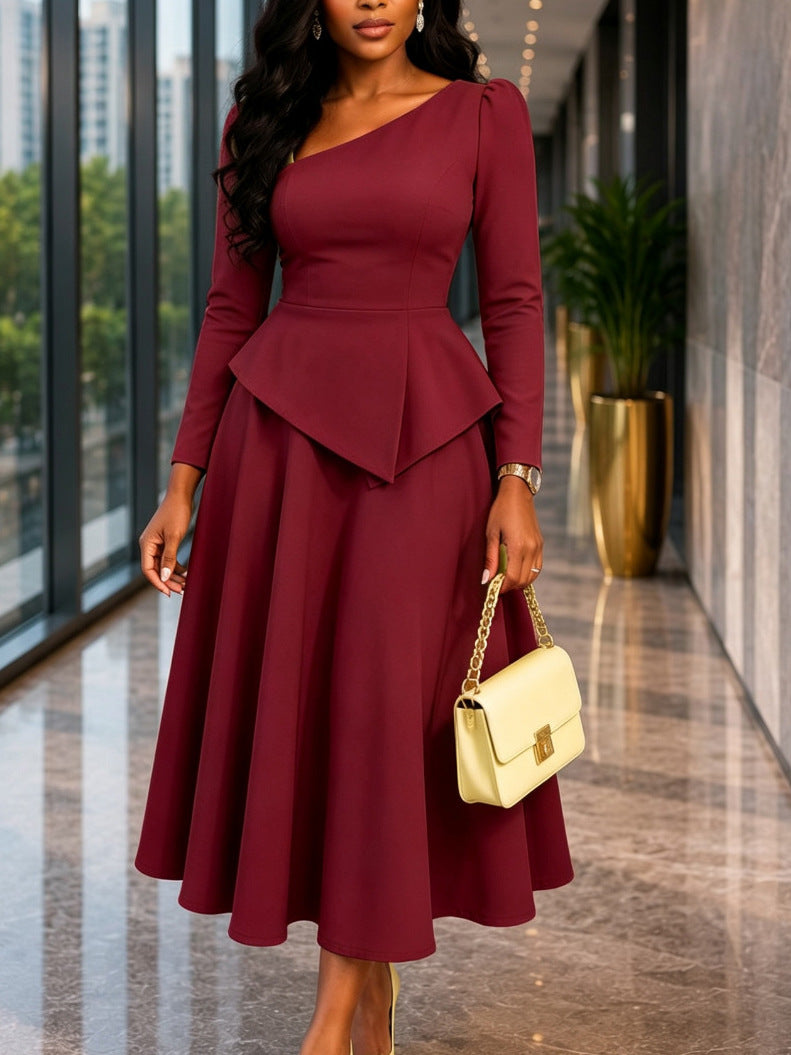 Women's Slanted Neckline Ruffled Waist Midi Dress teemdrop