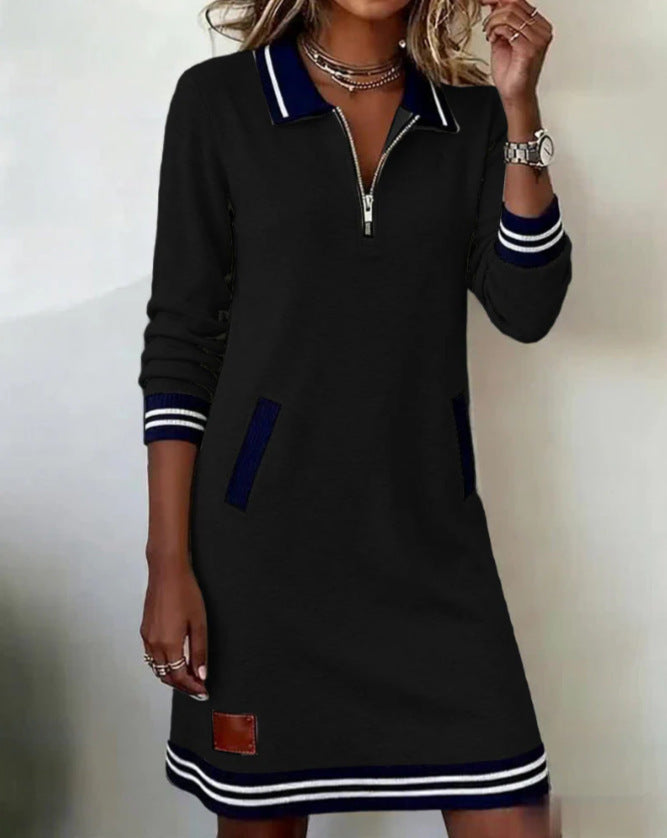 Women's Autumn Lapel Zip Front Colorblock Dress