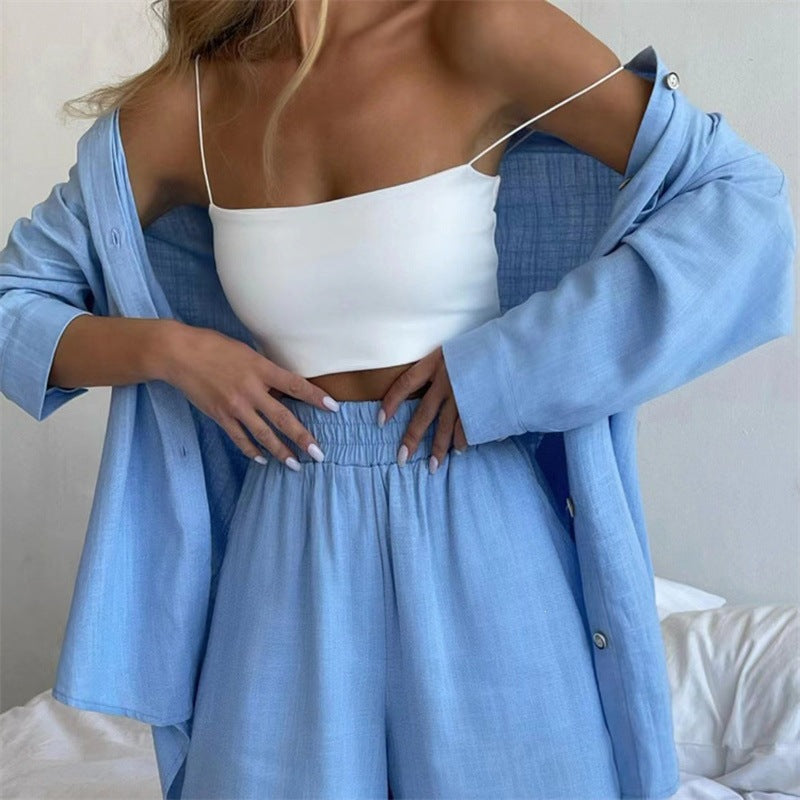 Women's Solid Lapel Shirt and High-Waist Shorts Casual Two-Piece Set teemdrop